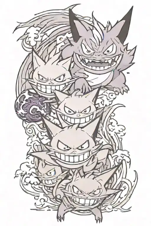 Gengar, Haunter, Gastly surrounded by swirling mist tattoo design idea