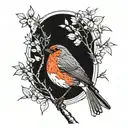 European robin on willow branch with just red breast as colour tattoo design idea