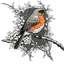 European robin on willow branch with just red breast as colour tattoo design idea