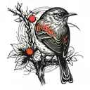 European robin on willow branch with just red breast as colour tattoo design idea