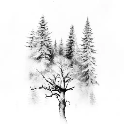 trees and axe tattoo design idea