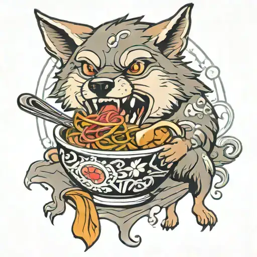 cartoonish wolf eating pho tattoo design idea