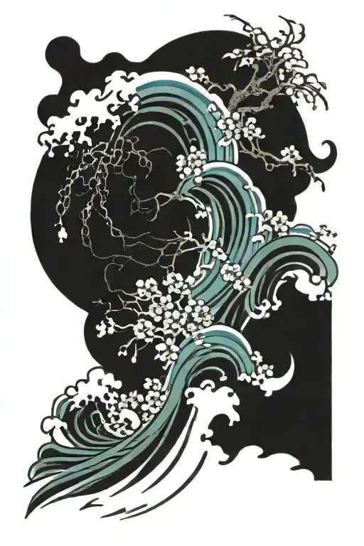 Japanese blossom compas wave crashing tattoo design idea