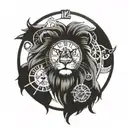 A lion and a clock merging together to represent the passage of time and strength, with the date 20-11-23 subtly incorporated in the design tattoo design idea