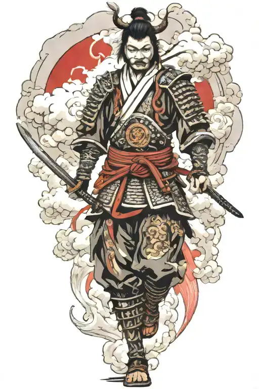  samurai surrounded by japanese clouds surrounding tattoo design idea