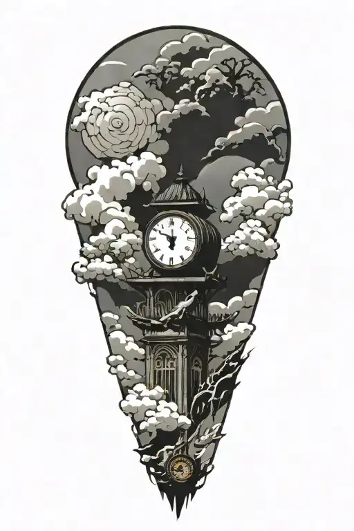 japanese clouds and clock inside tattoo design idea