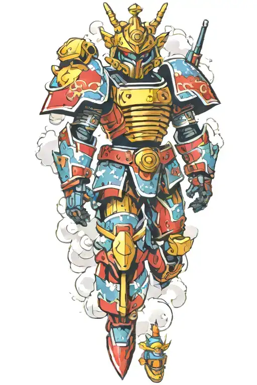 japanese clouds and small gundam robot court jester tattoo design idea