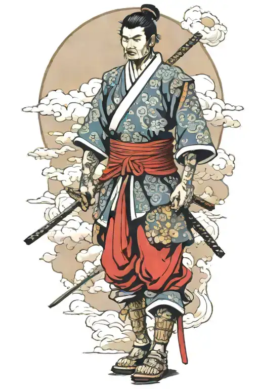  samurai surrounded by japanese clouds surrounding tattoo design idea