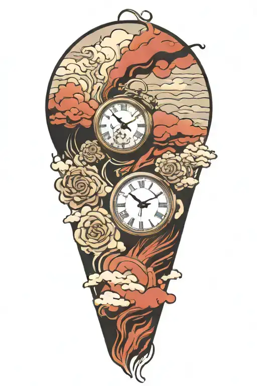 japanese clouds and clock melting tattoo design idea