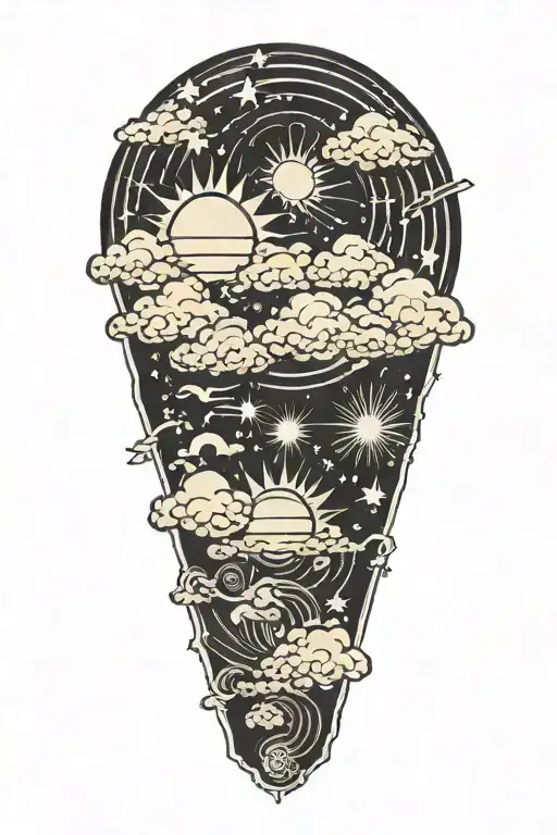 3 stars and a sun  japanese clouds tattoo design idea