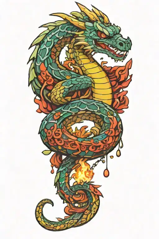 A Lego dragon breathing fire onto a toy snake made of gems tattoo design idea