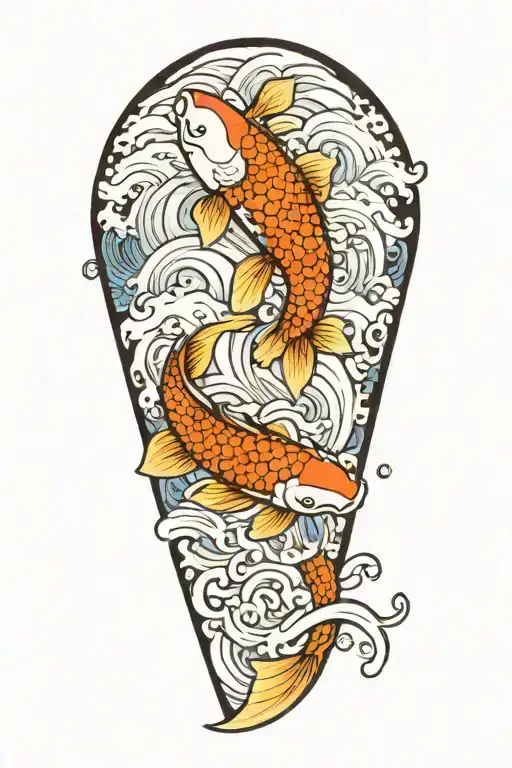 five koi, clouds, waves flowing hair swimming tattoo design idea