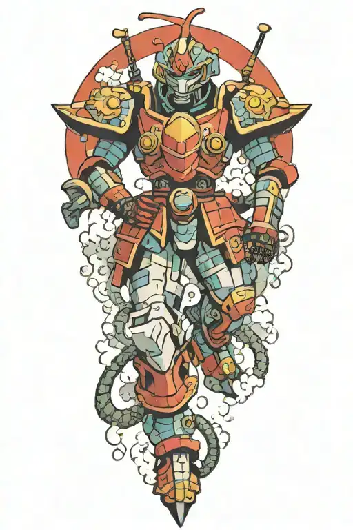 japanese clouds and small gundam snake robot court jester tattoo design idea