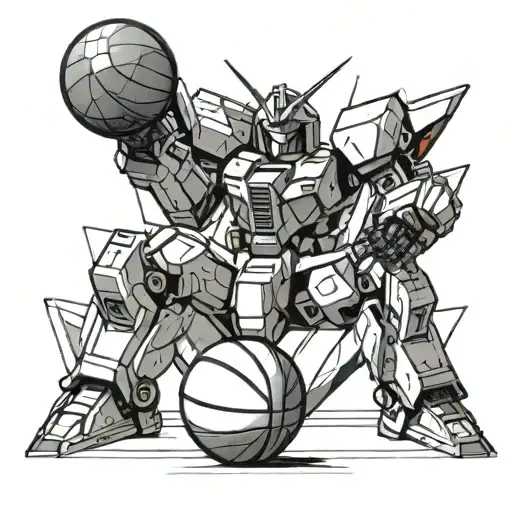A Gundam robot holding a basketball in a futuristic sports arena tattoo design idea