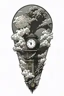 japanese clouds and clock inside tattoo design idea