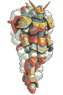 japanese clouds and small gundam robot court jester tattoo design idea