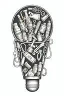 A shoebox filled with miniature pharmacy tools and toys tattoo design idea