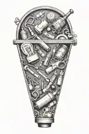 A shoebox filled with miniature pharmacy tools and toys tattoo design idea