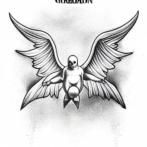 guardian angel Michael with one wing pigeon like and other bat like wing tattoo design idea