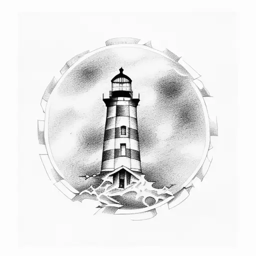 Dotwork "Lighthouse With Purple Cancer Ribbion" Tattoo Idea BlackInk AI
