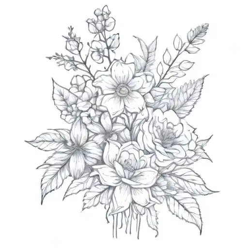 July, April, and November birth flower bouquet tied with stems fine line tattoo design idea