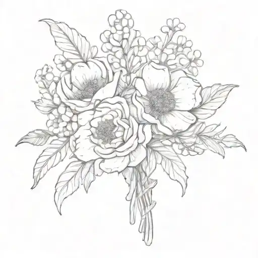 July, April, and November birth flower bouquet tied tattoo design idea