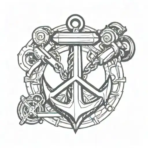 A minimalist design of a piston and anchor intertwined to represent the client's love for both engineering and the sea tattoo design idea