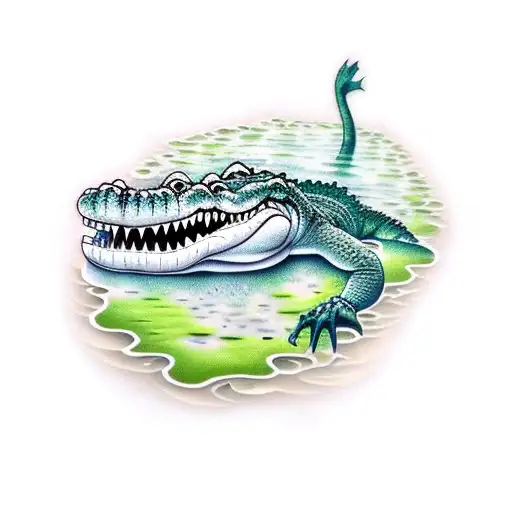 crocodile in swamp swimming through lily pads  tattoo design idea