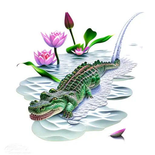 Crocodile swimming through lily pads with water Lillie’s on them,  tattoo design idea