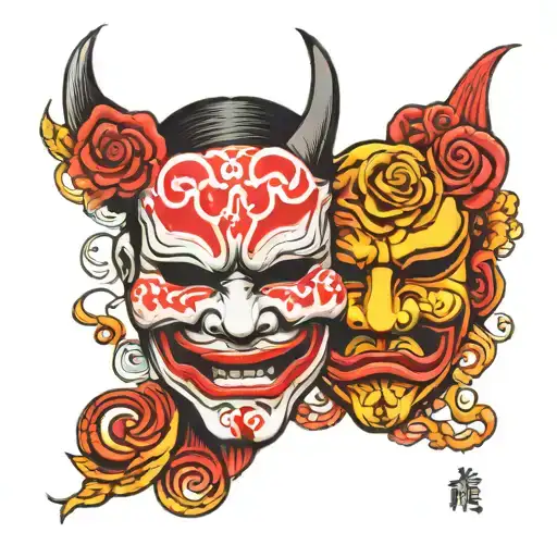 comedy and tragedy mask in japanese style tattoo tattoo design idea