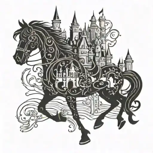 A silhouette of a Disney castle with a horse galloping in front of it tattoo design idea