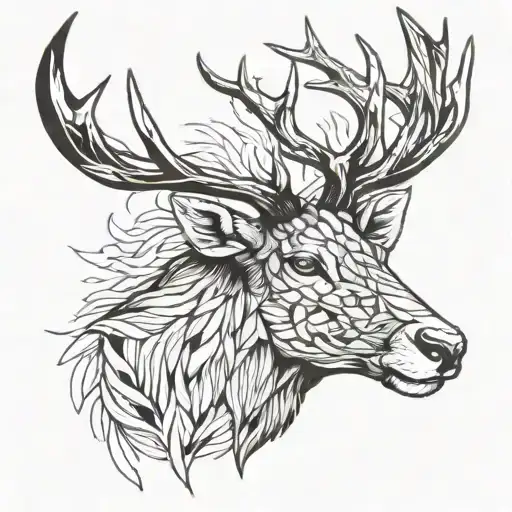 I want a stag's face to change color by dividing it into 5 lines from top to bottom. tattoo design idea