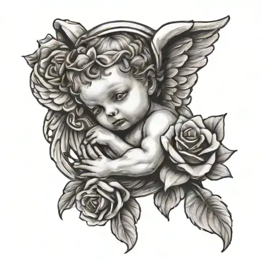 baby angel with wings holding a rose intertwined.  tattoo design idea
