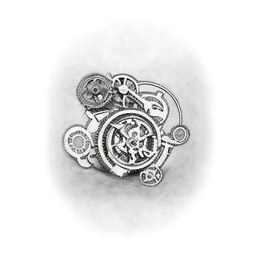 mechanical, shoulder to fingers sleeve, realistic, working, gears, cogs, chains, hydraulic lines,  tattoo design idea