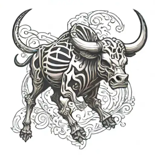 Charging skeleton bull tattoo design idea