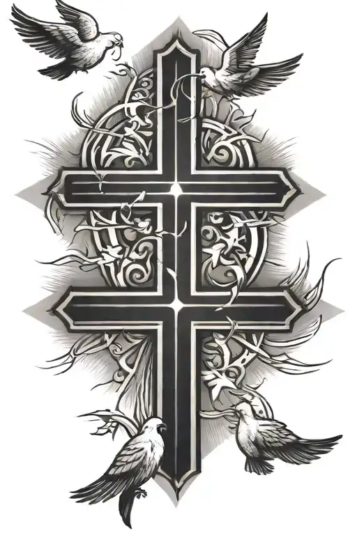 3 crosses and a dove flying over sun rays tattoo design idea