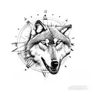 wolf head and compass tattoo design idea