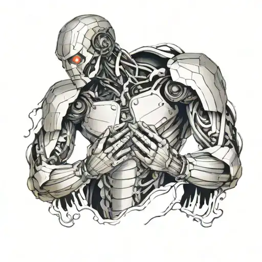 An arm sleeve and pec tattoo that looks like I am a robot on the inside. where the tatto ends is ripped skin  tattoo design idea