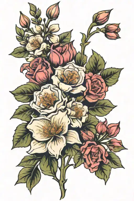 birth flower bouquet, December, April and May birth flower tattoo design idea