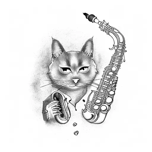 A black cat wearing a saxophone as a backpack, hiking up a musical staff that transforms into a mountain range tattoo design idea