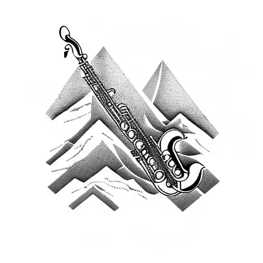 A saxophone made up of intricate mountain peaks and valleys, blending the passion for music and hiking tattoo design idea