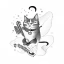 A black cat wearing a saxophone as a backpack, hiking up a musical staff that transforms into a mountain range tattoo design idea