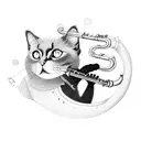 A black cat wearing a saxophone as a backpack, hiking up a musical staff that transforms into a mountain range tattoo design idea