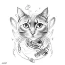 A black cat wearing a saxophone as a backpack, hiking up a musical staff that transforms into a mountain range tattoo design idea