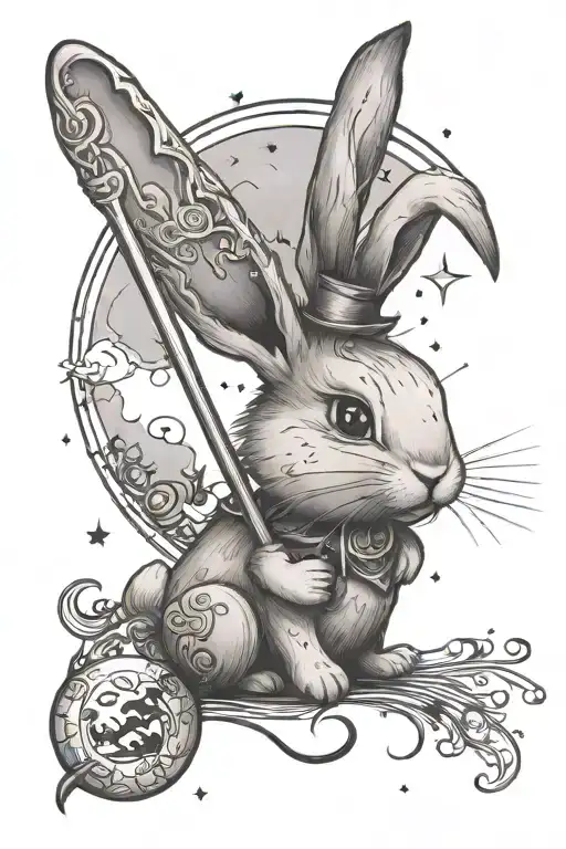 a bunny rabbit and a moon with a face and a magic wand tattoo design idea