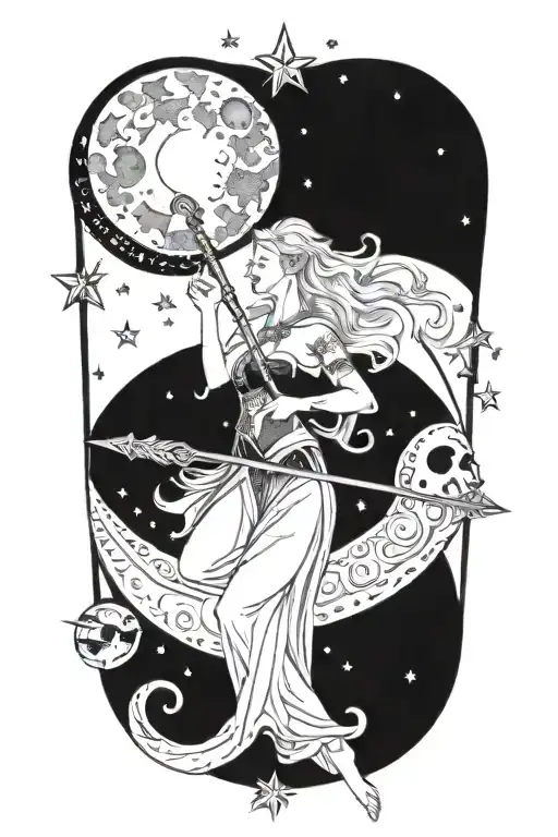 A mystical moon goddess holding a crescent moon staff, surrounded by swirling galaxies and stars tattoo design idea