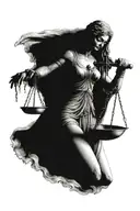 Lady Blind Justice holding scales sitting alone and holing her sword on her knees  tattoo design idea