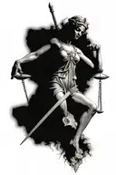 Lady Blind Justice holding scales sitting alone and holing her sword on her knees  tattoo design idea