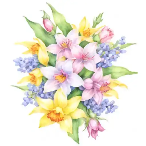 daffodils forget me nots red roses and purple heather tied with green string  tattoo design idea