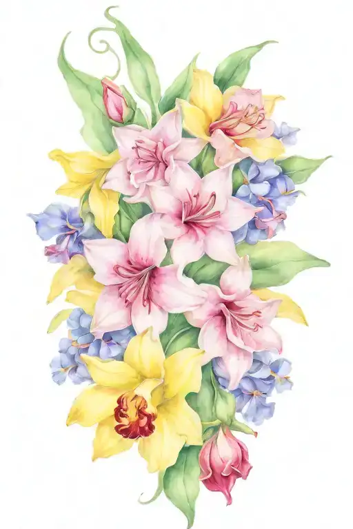 daffodils forget me nots red roses mayflowers hibiscus tied with green string  tattoo design idea